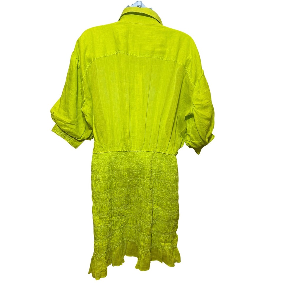 FRAME Smocked Shirt Dress Flash Lime Ramie Mini Puff Sleeve LWWD0591 Medium New - Picture 4 of 10